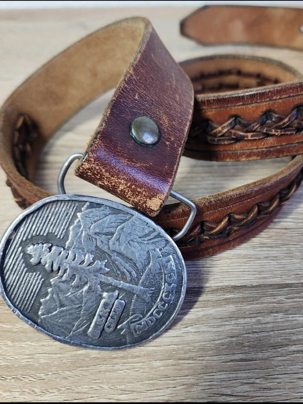 VINTAGE SIERRA CLUB Forest Wildlife Belt Buckle Brown Leather Belt